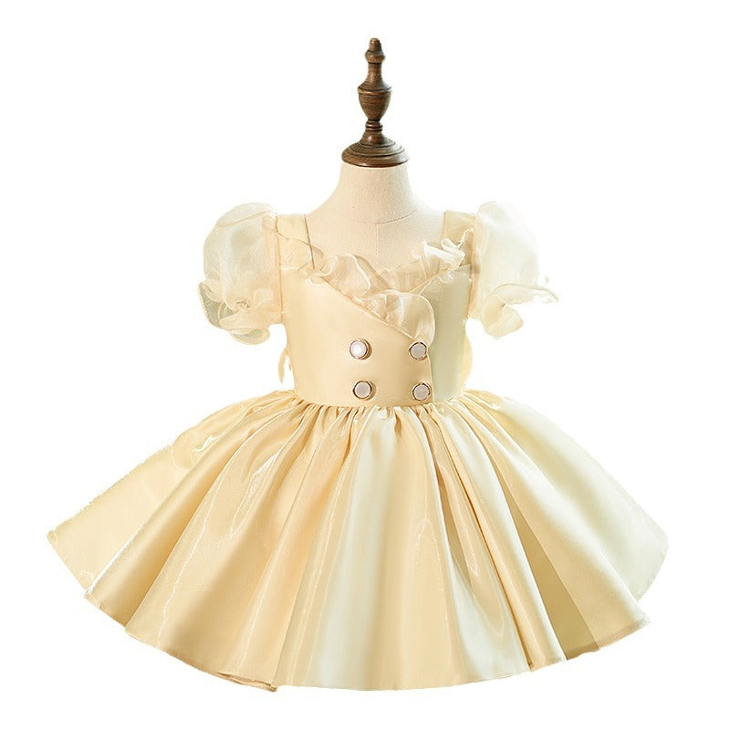Cute Girl's Mesh Puff Sleeves Clutch Dress Toddler Prom Dress