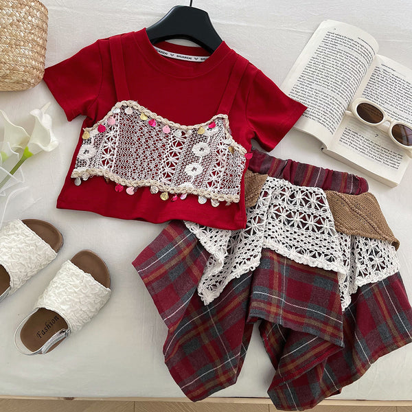 Girls Summer New Lace Stitching Plaid Top Skirt Two-piece Set