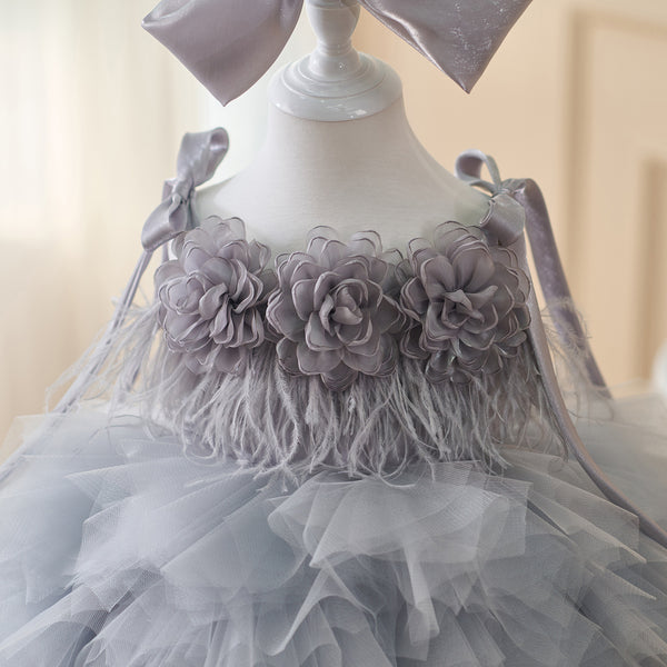 Girls Gray Birthday Dress Flower Girl Cute Princess Dress