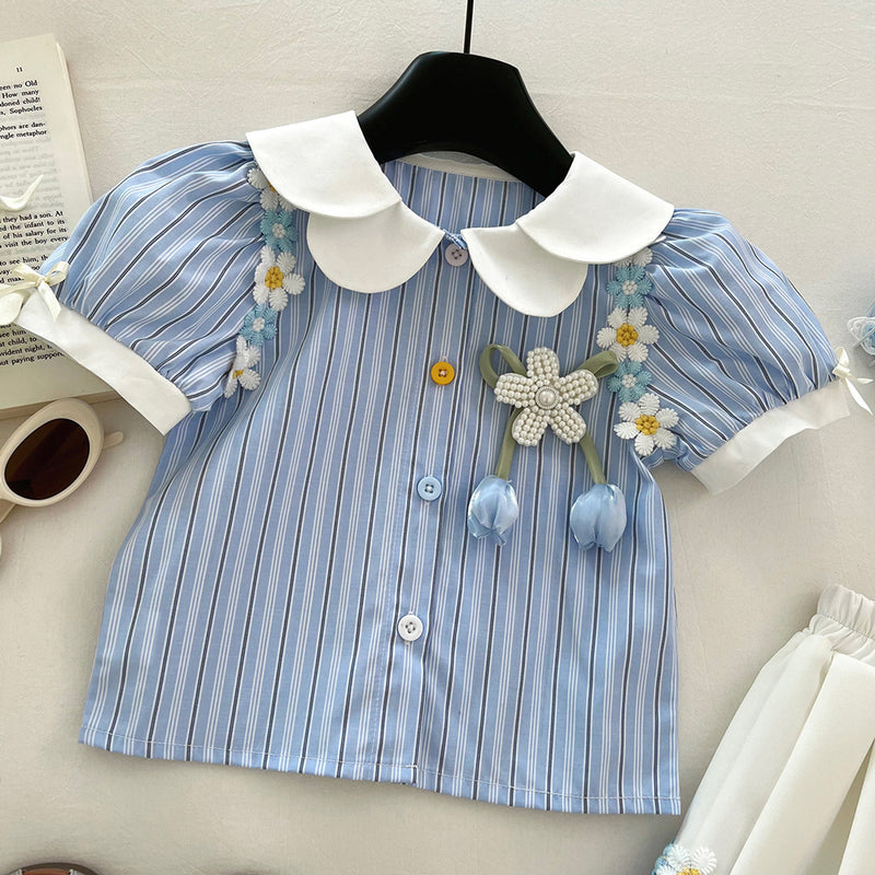 Girls Summer Striped Shirt Flower Pleated Skirt Two-piece Set
