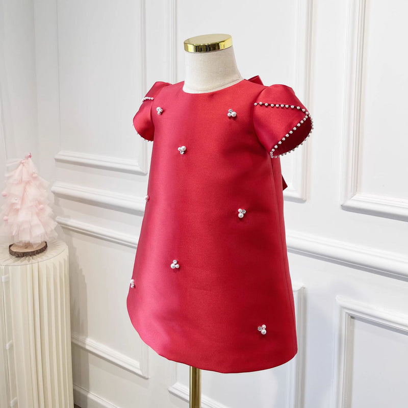 Girls Birthday Dress Red Children Satin Princess Dress