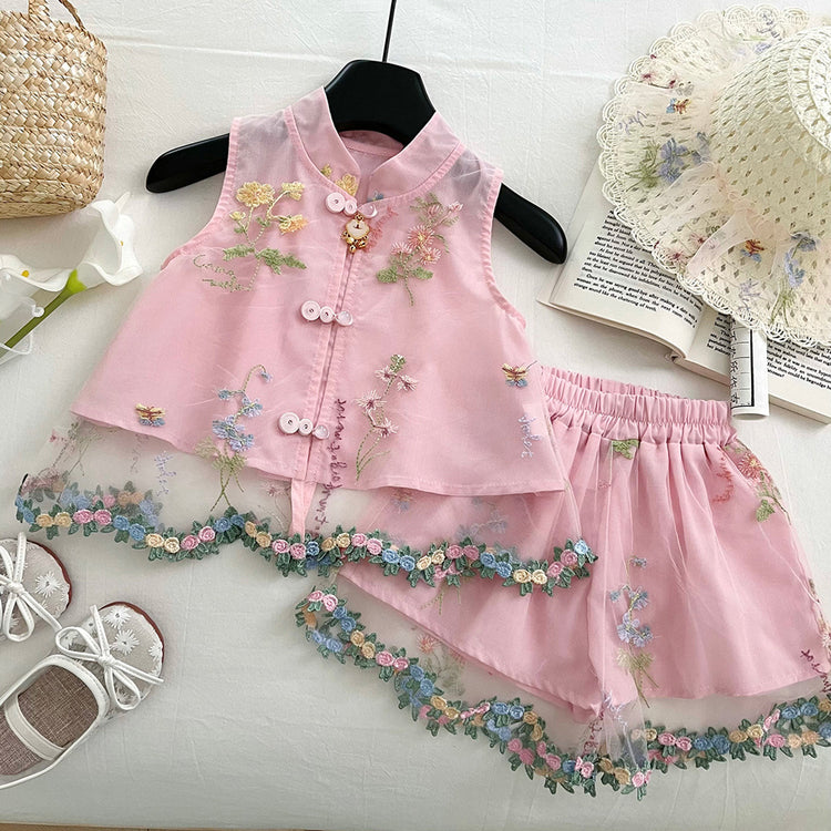 Girls Summer Thin Sleeveless Embroidered Top Shorts Two-piece Set
