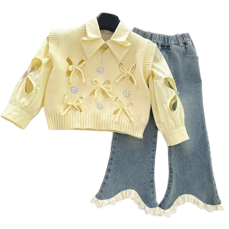 Girls' Autumn Shirt Knitted Vest Flared Pants Three-Piece Set