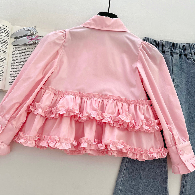 Girls' Fake Two-Piece Shirt Vest Lace Jeans Two-Piece Set