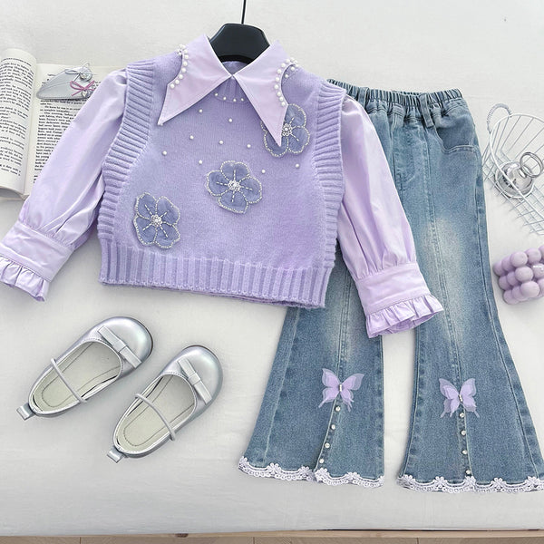 Girls' Beaded Flower Knitted Vest Shirt and Jeans Three-Piece Set