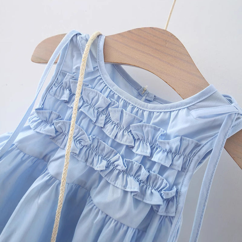 Summer New Girls Solid Color Ruffled Sleeveless Princess Dress