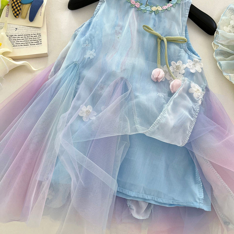 Girls Summer New Sleeveless Mesh Splicing Vest Princess Dress