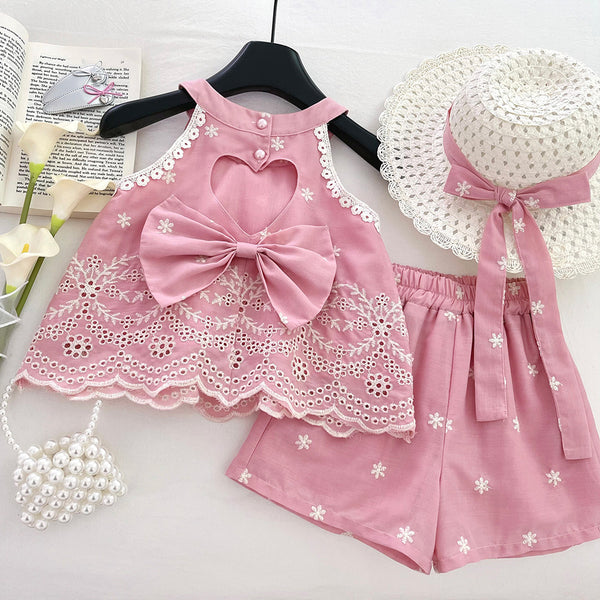 Girls' Summer Halter Neck Backless Bow Embroidered Top and Shorts Two-Piece Set