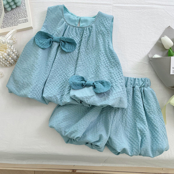 Summer New Girls Sleeveless Bow Vest Shorts Two-piece Suit