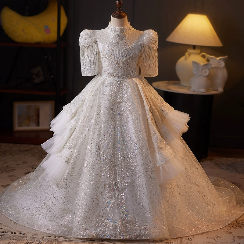 white and gold birthday dress White Satin Girl Dress Toddler Kids 1st Wedding Birthday Party Prom Gown J485 White / child-2