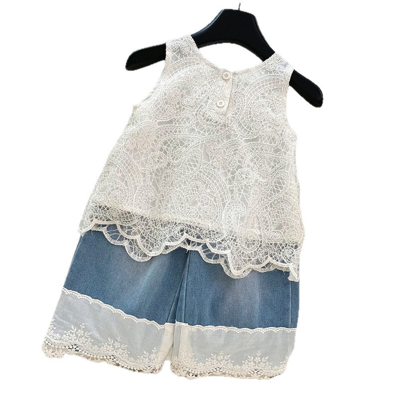 Girls' Summer New Lace Vest Denim Wide-Leg Pants Two-Piece Set