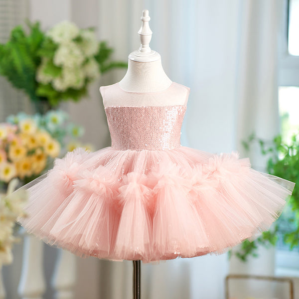 Girls Birthday Princess Dress Children Pink Sequin Dress