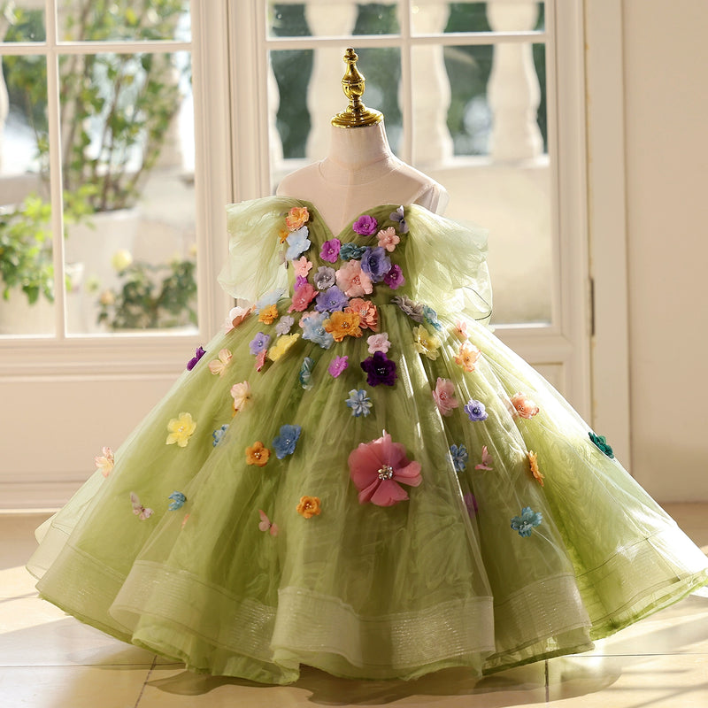 Girls Green Flower Birthday Princess Dress Children's Ball Dress