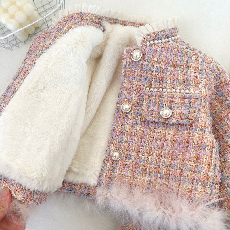 Girls New Winter Warm Coat and Skirt Two-piece Set