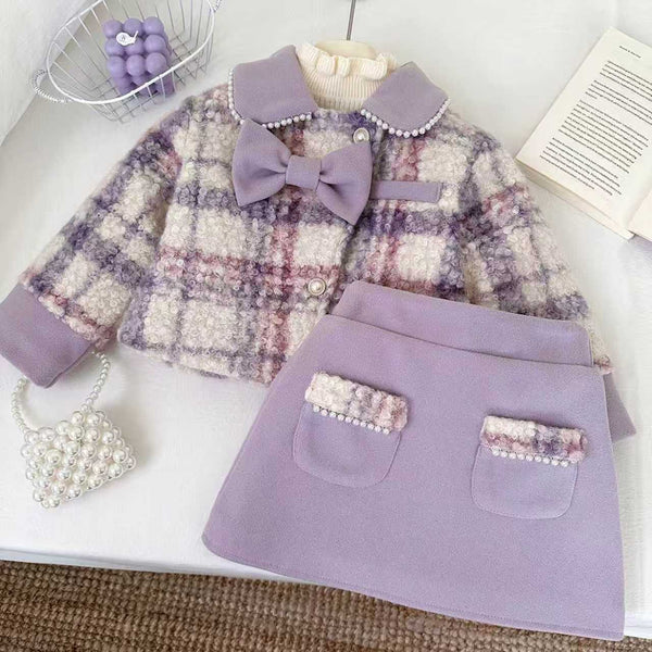 Girls' Winter Bow-Knot Plaid Jacket and Skirt Two-Piece Set