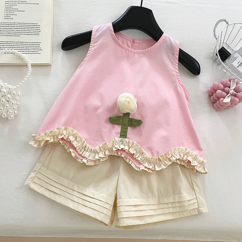 Girls Summer 3D Flower Vest Shorts Two-Piece Set