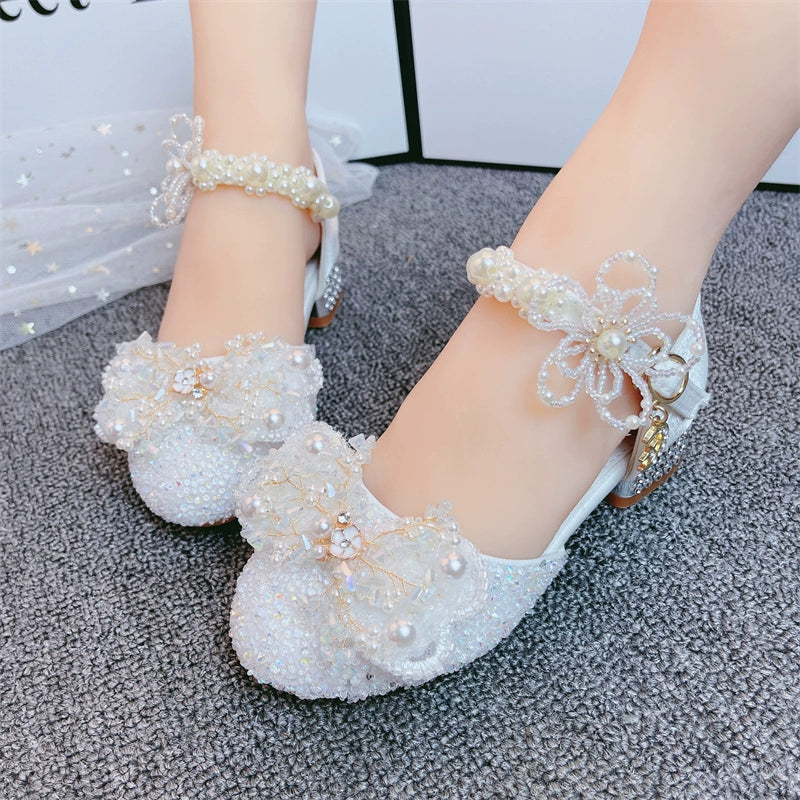 Girls Crystal White High Heel Princess Shoes