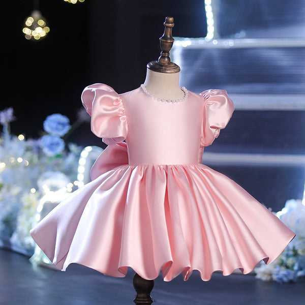 Sweet Baby Girls Pink Puff Sleeve Pleated Princess Dress Toddler Flower Girl Dresses