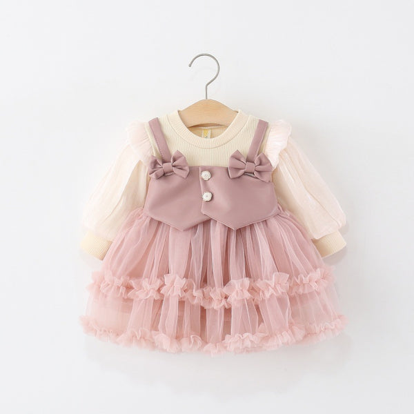 Girls Autumn PU Leather Fake Two-Piece Puffy Princess Dress