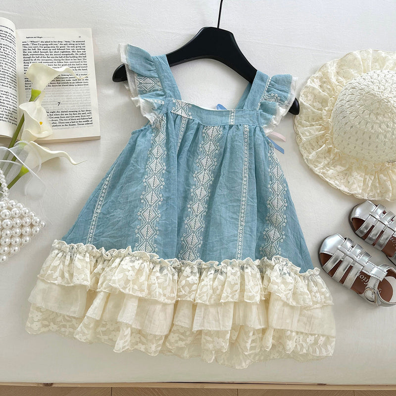 Girls Flying Sleeves Square Neck Lace Bow Princess Dress