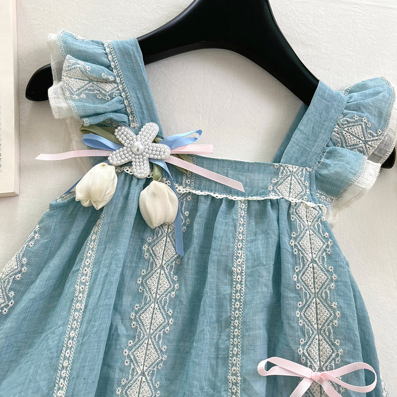 Girls Flying Sleeves Square Neck Lace Bow Princess Dress