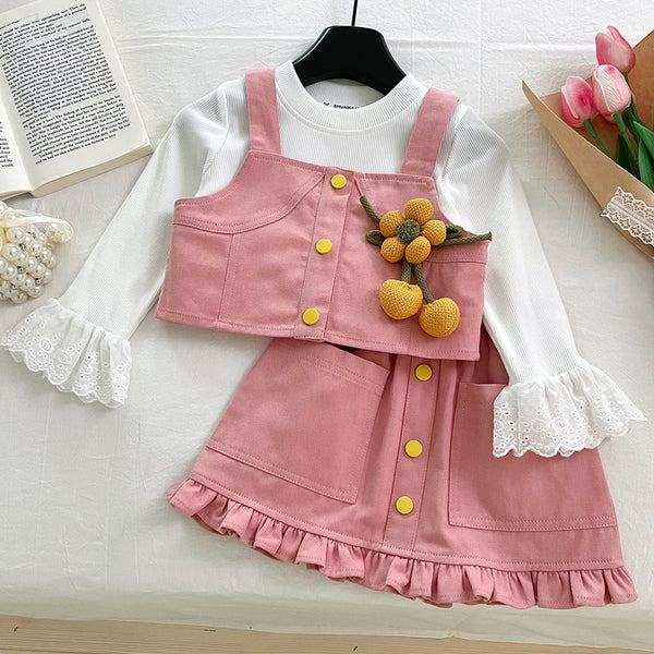 Girls New Denim Overalls Skirt Bottoming Shirt Two Piece Set