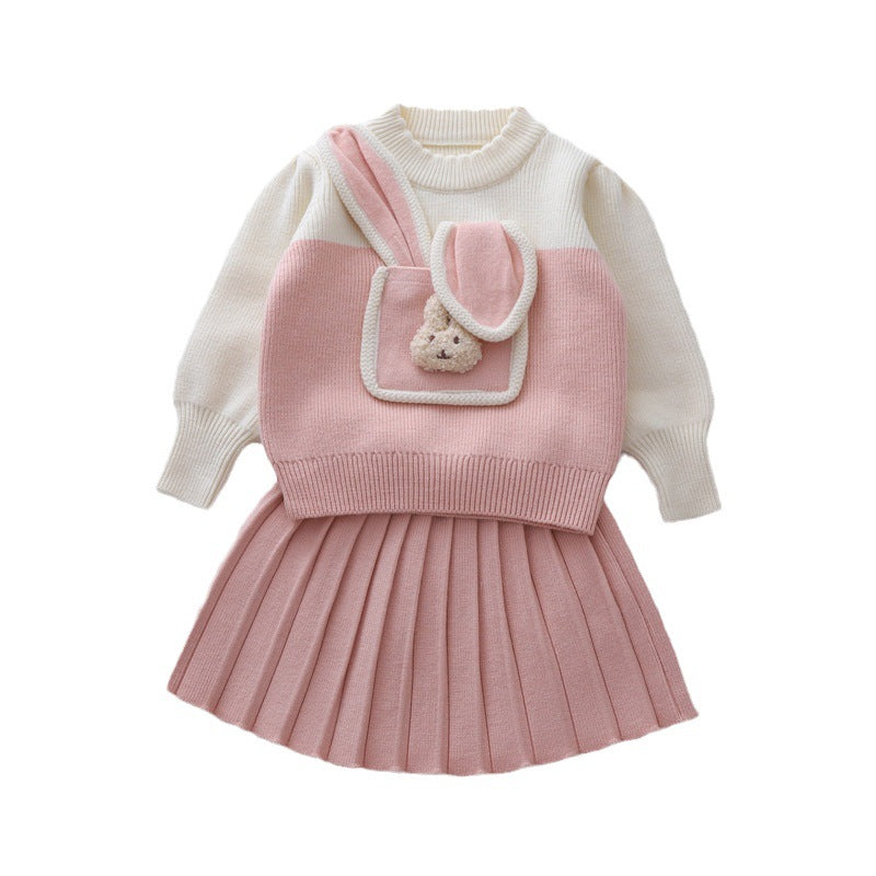 Cute Baby Girl Bunny Sweater Dress Printed Two Piece Winter Dresses