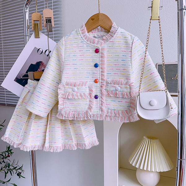 Sweet Baby Girl Lace Long-sleeved Jacket Top Pleated Skirt Two-piece Set