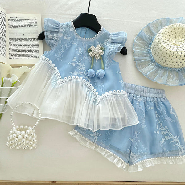 Girls Summer Fly Sleeve Color Block Top Lace Shorts Two-piece Set
