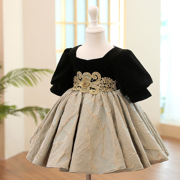 Elegant Baby Girls square round neck pattern belt puffy princess dress Toddler party dress