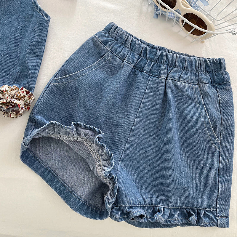 Girls Summer New Lace Soft Denim Vest Shorts Two-piece Set