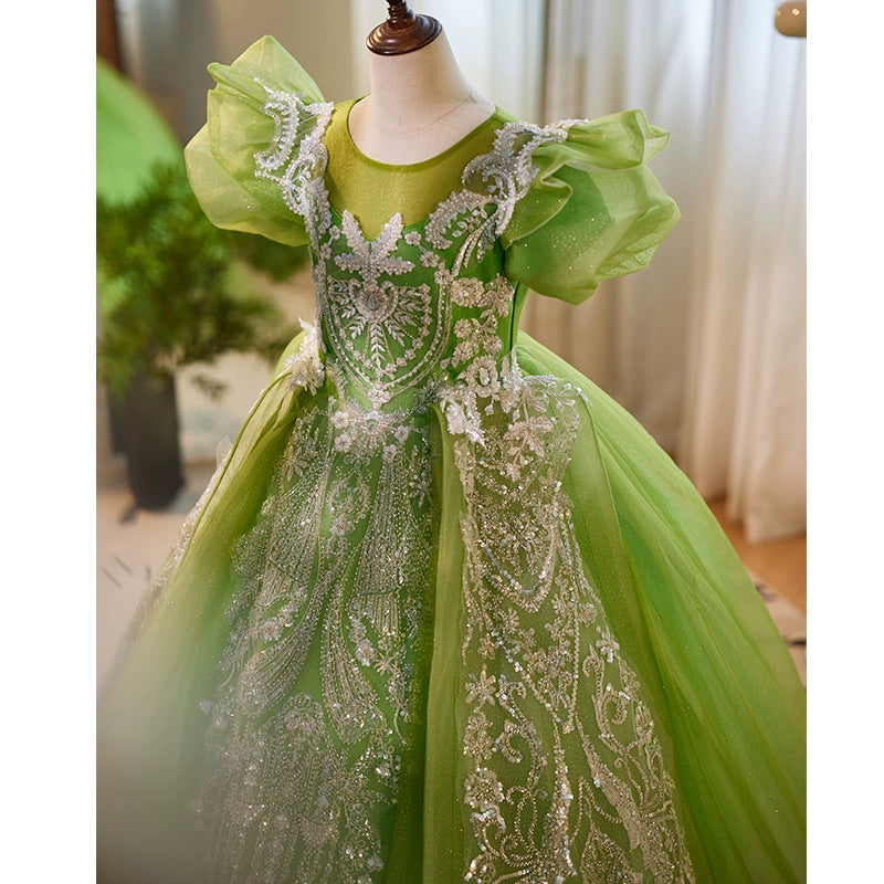 Elegant Baby Girl Beauty Pageant  Dress Toddler Green Sequins Fluffy Ball Gown