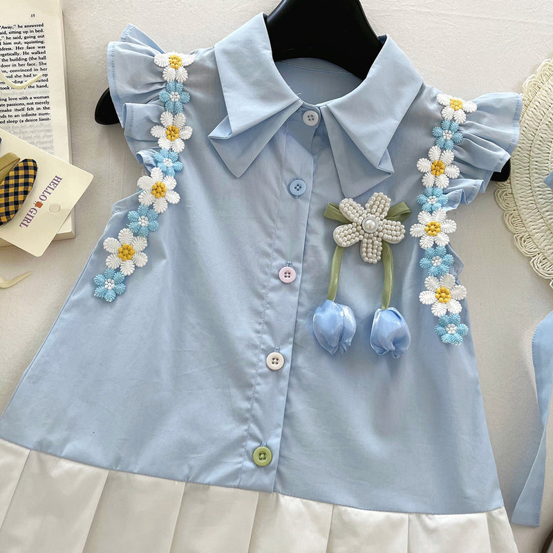 Girls Summer Flying Sleeve Flower Pleated Colorblock Princess Dress