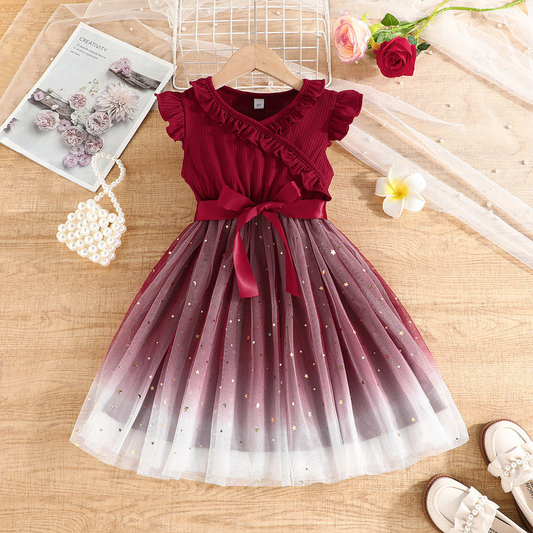 Girls Elegant V-neck Birthday Belt Princess Dress