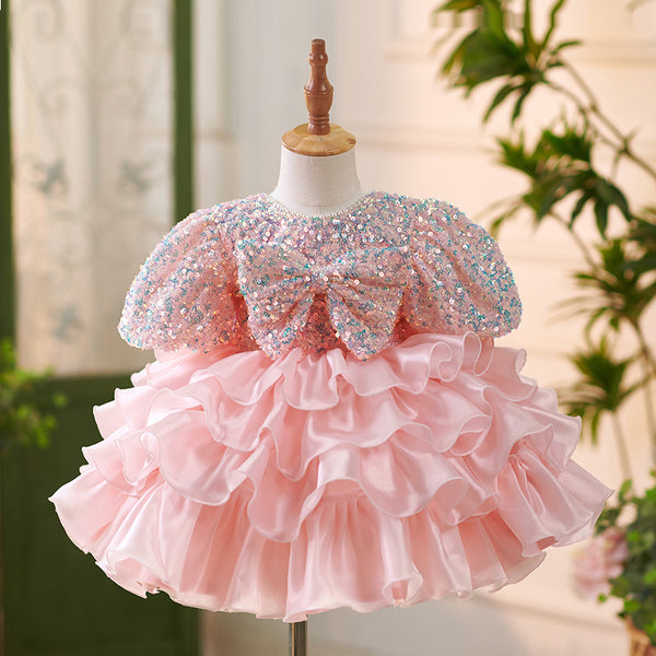 Girls Pink Birthday Princess Dress Flower Girl Wedding Fluffy Dress