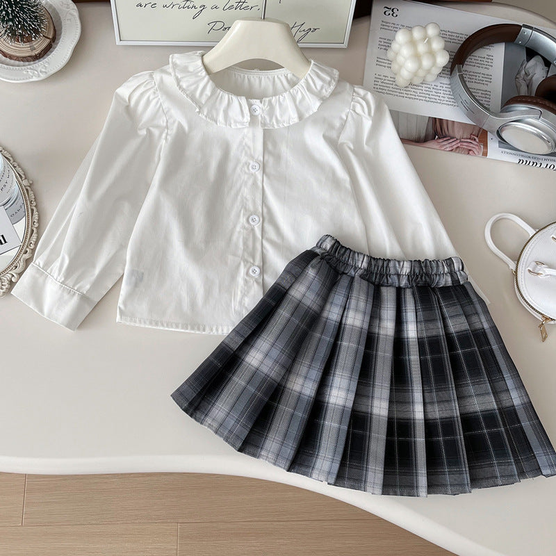 Autumn Girls' Knitted Vest Shirt Pleated Skirt Three-piece Set