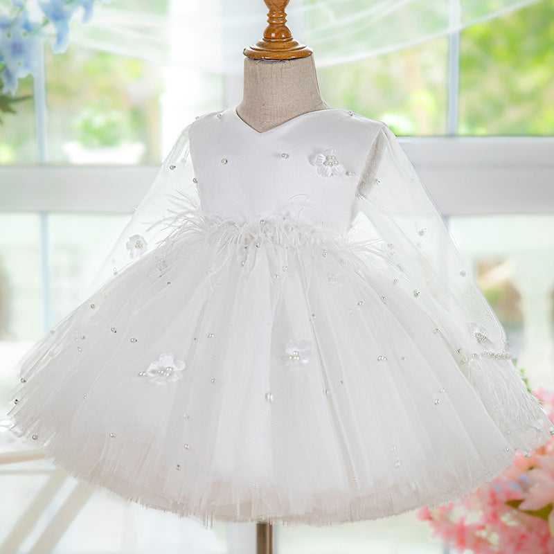 Elegant Baby White Mesh First Communion Dress Toddler Christening Dress