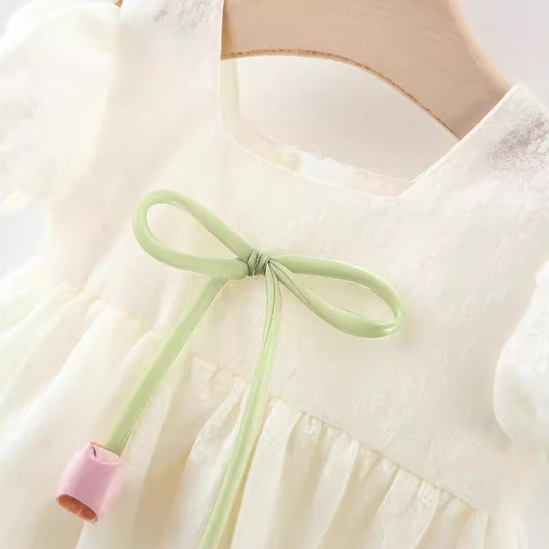 Summer Girls Solid Color Lace Tulip Bowknot Dress