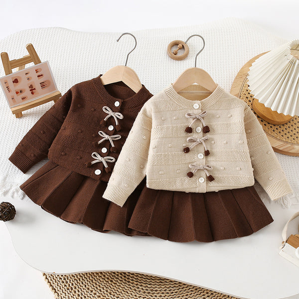 Girls' Bow Knitted Sweater Pleated Skirt Two-Piece Set