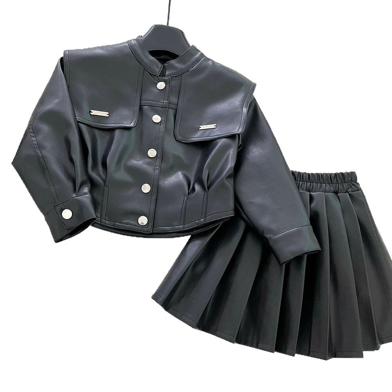 Girls' Autumn Soft PU Leather Short Skirt Two-Piece Set