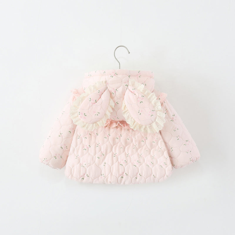 Girls' Winter Floral Print Bunny Ear Cotton Coat