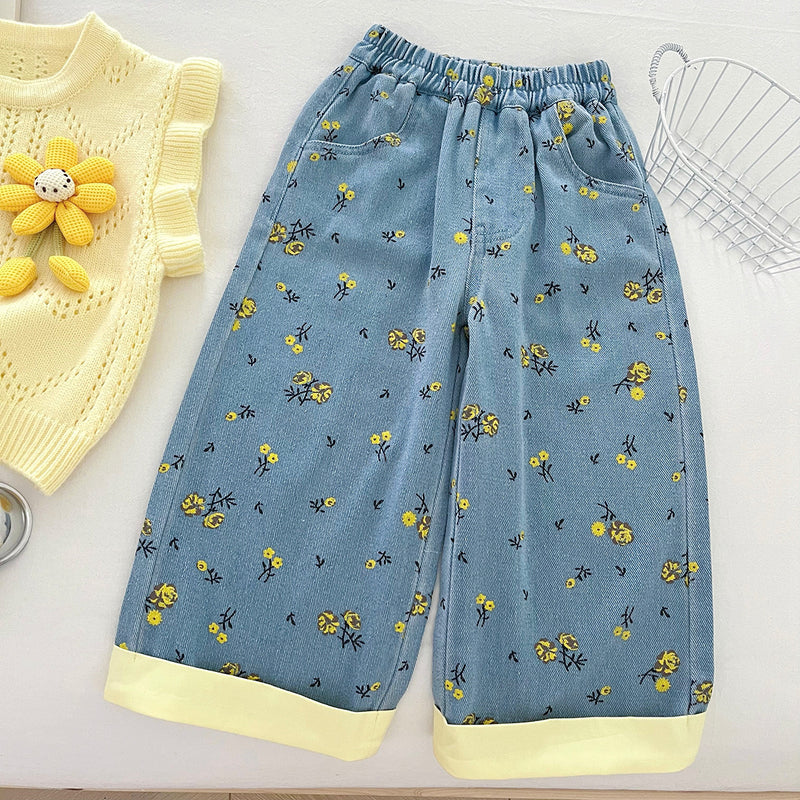Girls' New Floral Sweater Shirt and Jeans Three-piece Suit