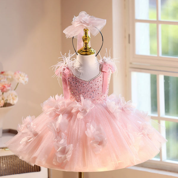 Girls Prom Pink Princess Dress Flower Girl Birthday Dress