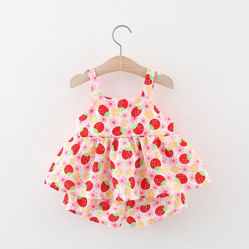 Baby Girls Printed Suit Girls Suspender Shorts Two-piece Suit
