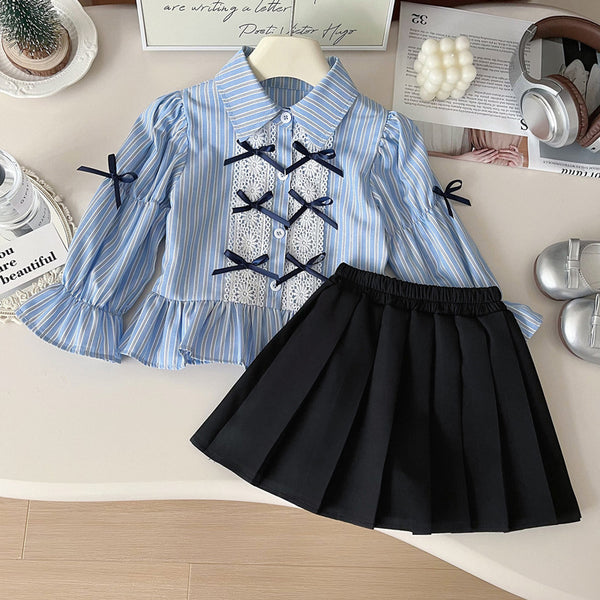 Girls' Autumn New Bow Striped Shirt Pleated Skirt Two-piece Suit