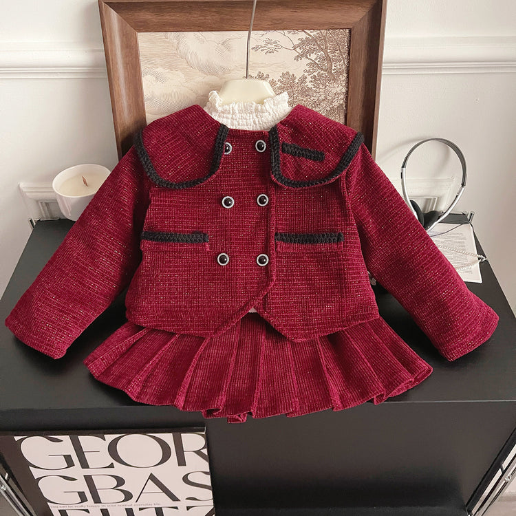 Cute Warm Girls Christmas Dress New Year Two-piece  Suit