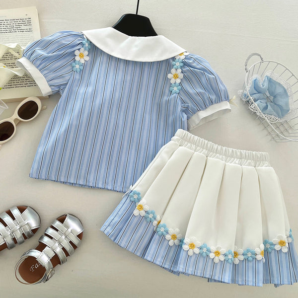 Girls Summer Striped Shirt Flower Pleated Skirt Two-piece Set