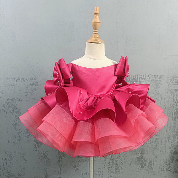 Elegant Baby Girl Rose Red Bow Sleeve Dress Toddler Communion Princess Dress