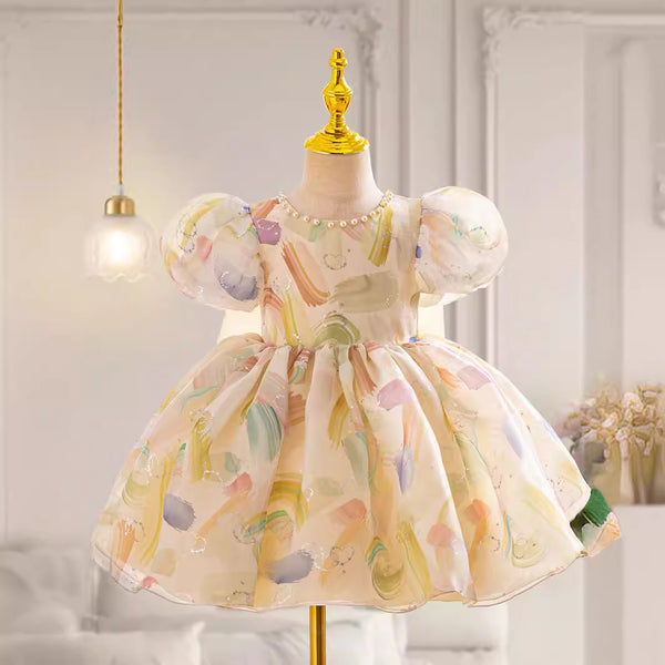 Baby Girl Colorful Puff Sleeves Toddler  First Communion Princess Dress