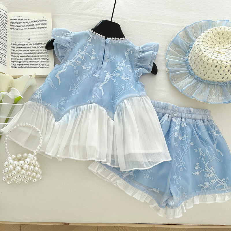 Girls Summer Fly Sleeve Color Block Top Lace Shorts Two-piece Set